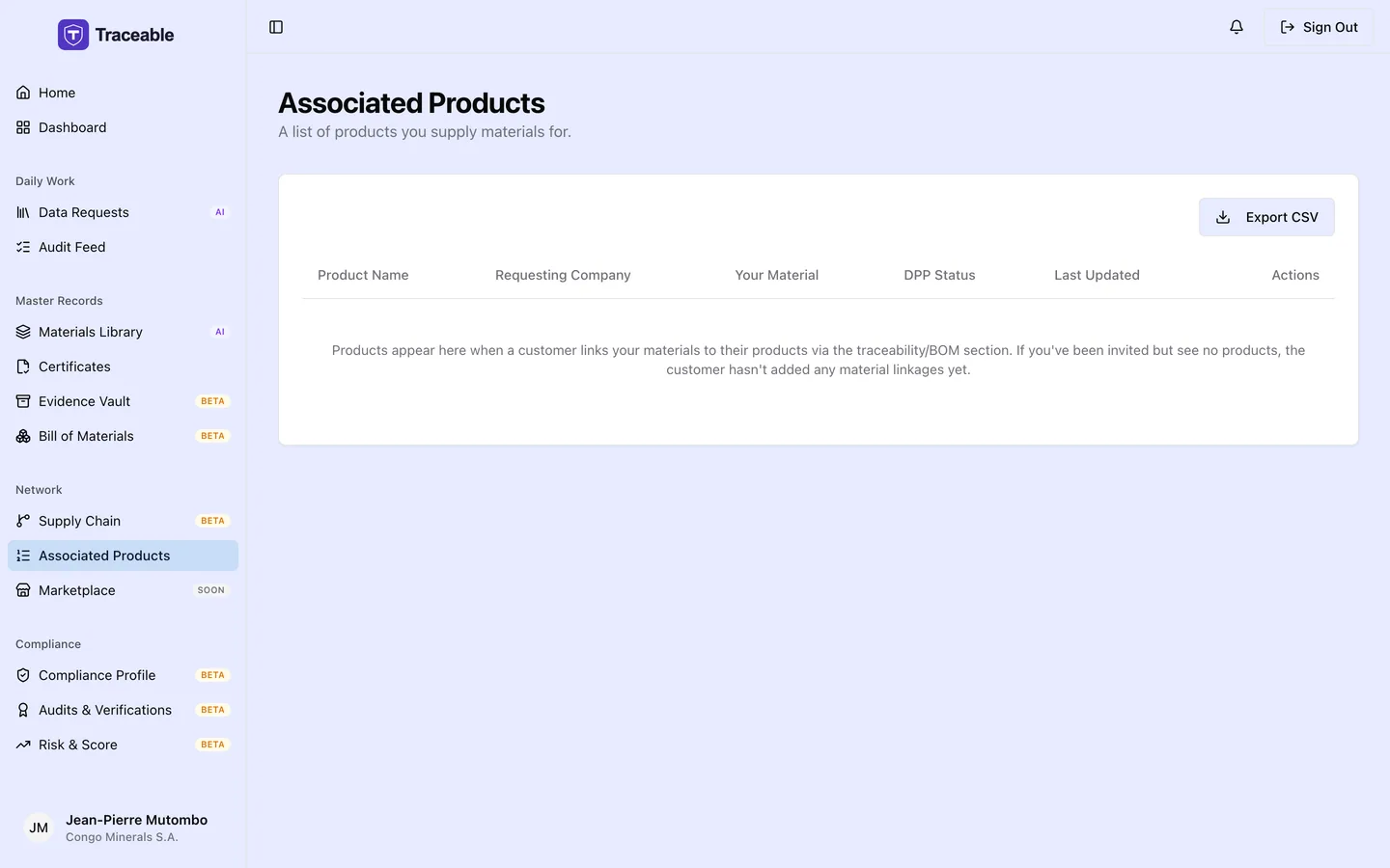 The associated products screen, listing the operator products this supplier contributes data to.