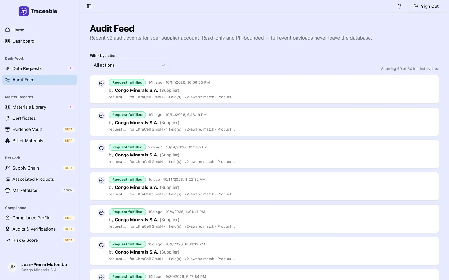 The supplier audit feed, listing account activity in reverse chronological order.