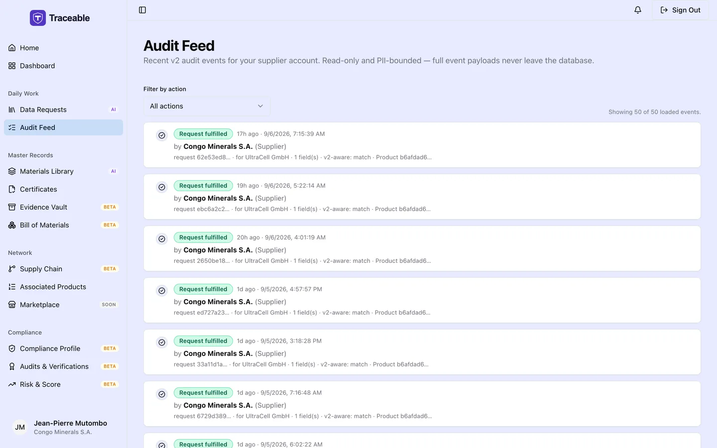 The supplier audit feed, listing account activity in reverse chronological order.