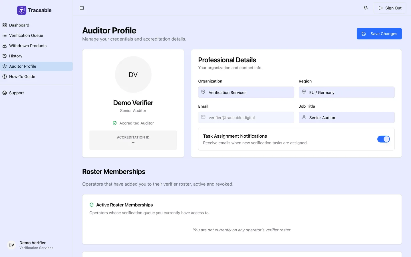 The auditor profile screen, covering accreditation details and scope.