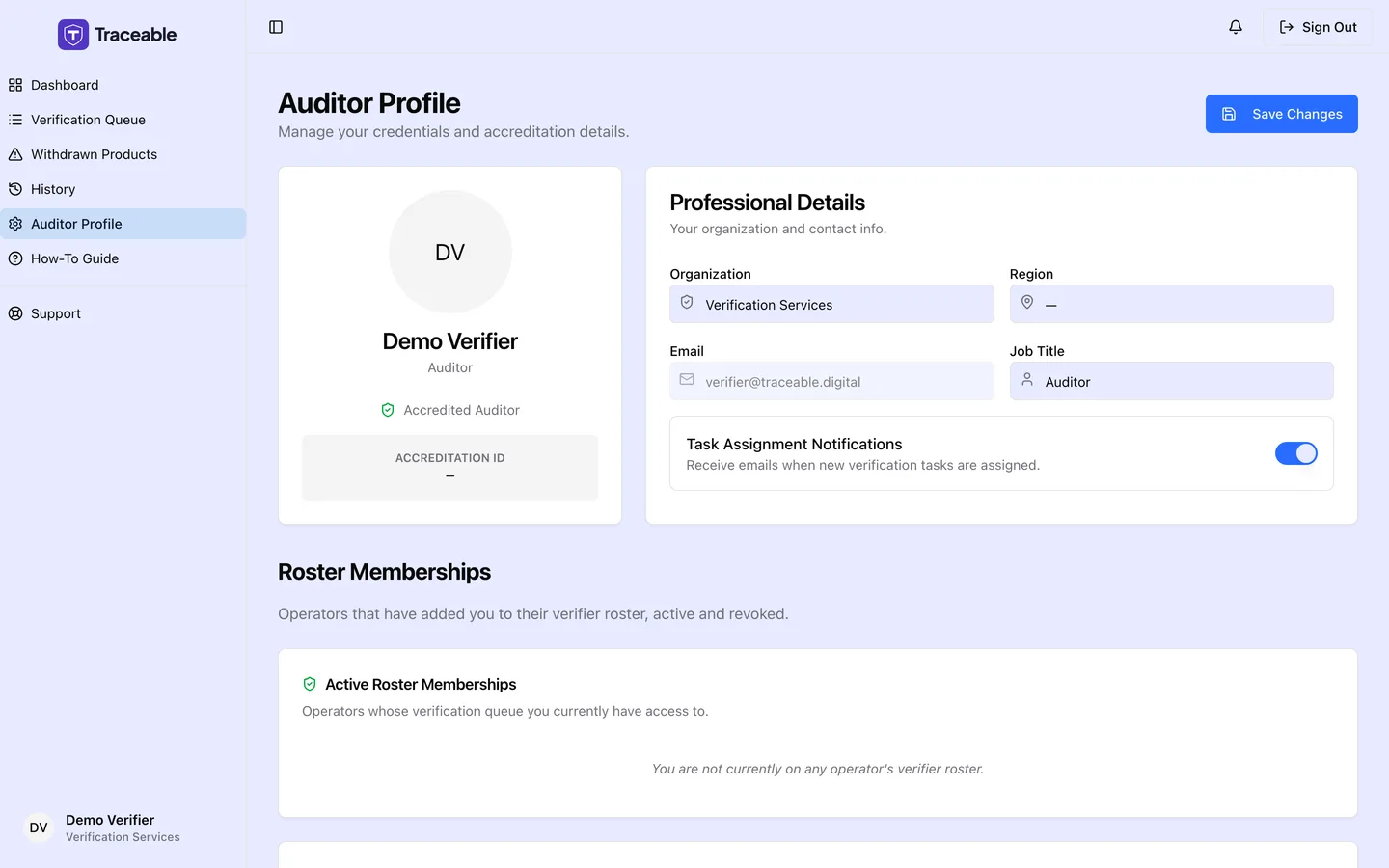 The Auditor Profile screen, showing the profile card, the Professional Details form, the task notification switch and the Roster Memberships lists.