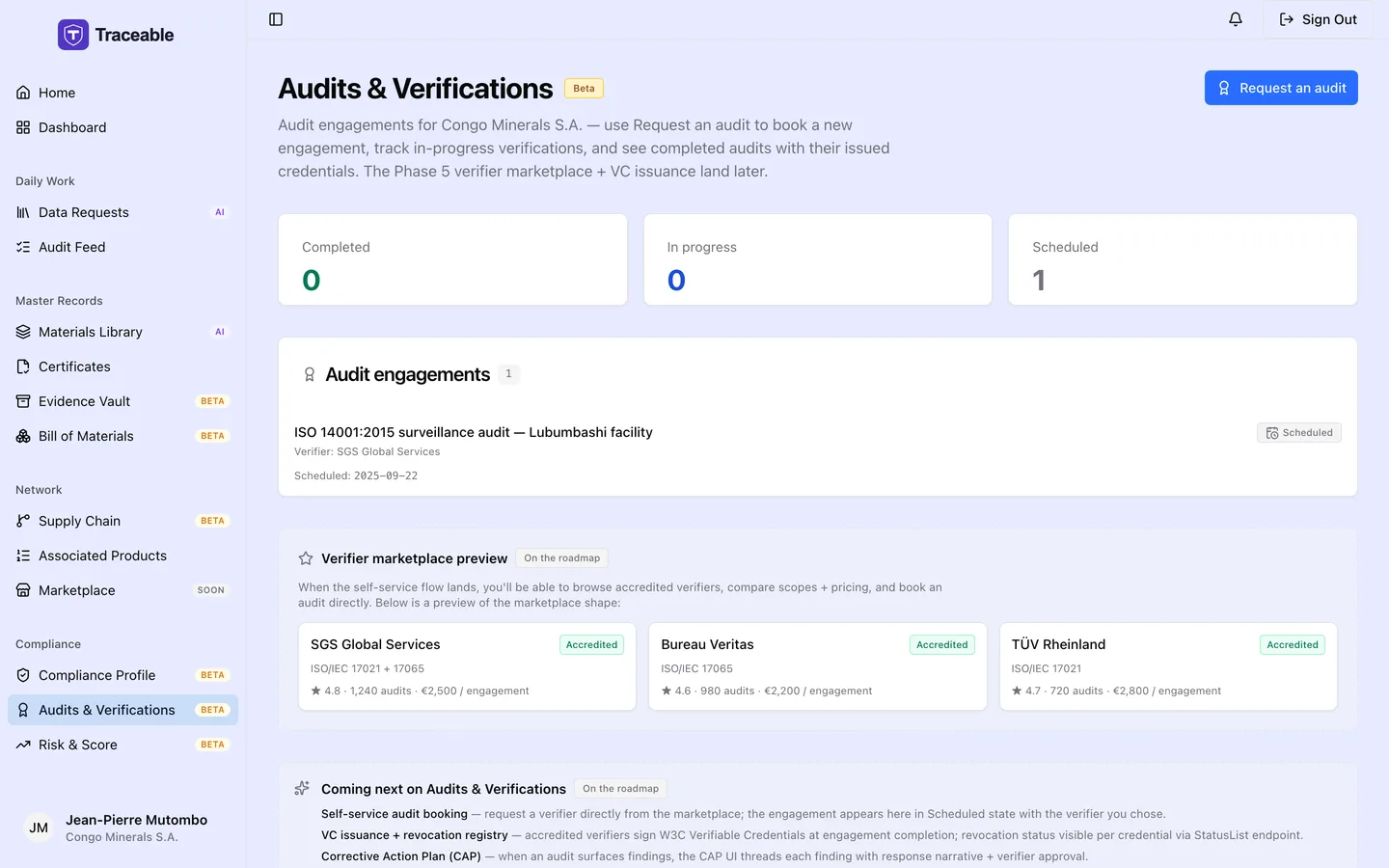 The audits and verifications screen, listing audit activity affecting the supplier.