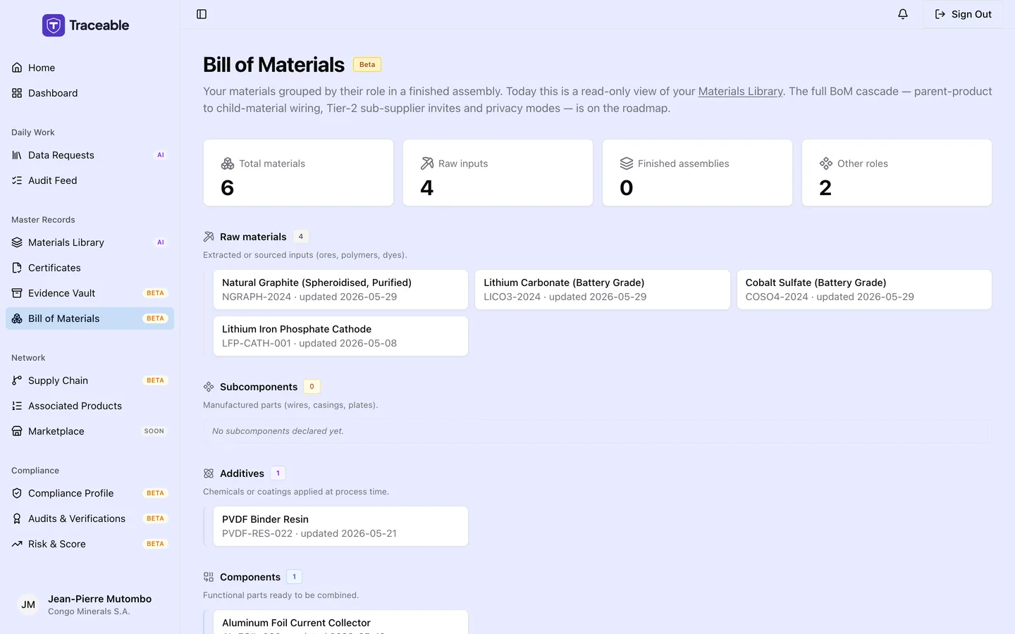 The bill of materials screen, showing your materials grouped by role.