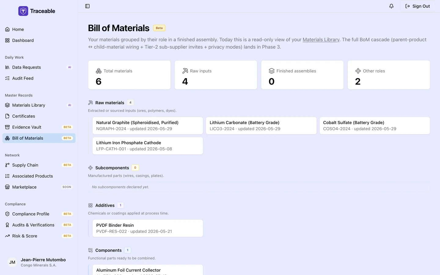 The bill of materials screen, showing component breakdown for a supplied part.