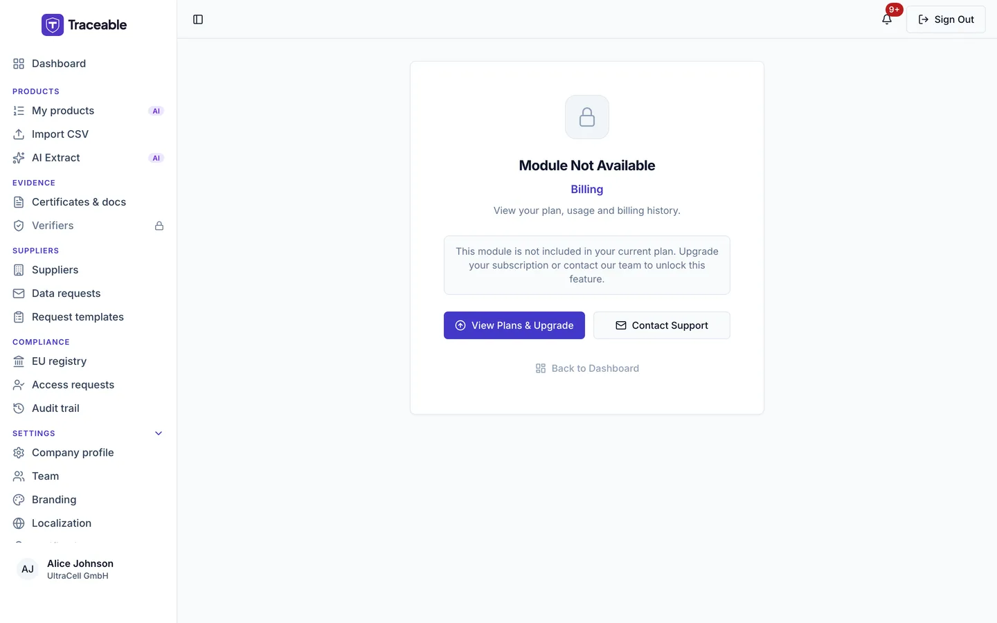 The billing page. While billing is not live, it shows a notice instead of plans and invoices.