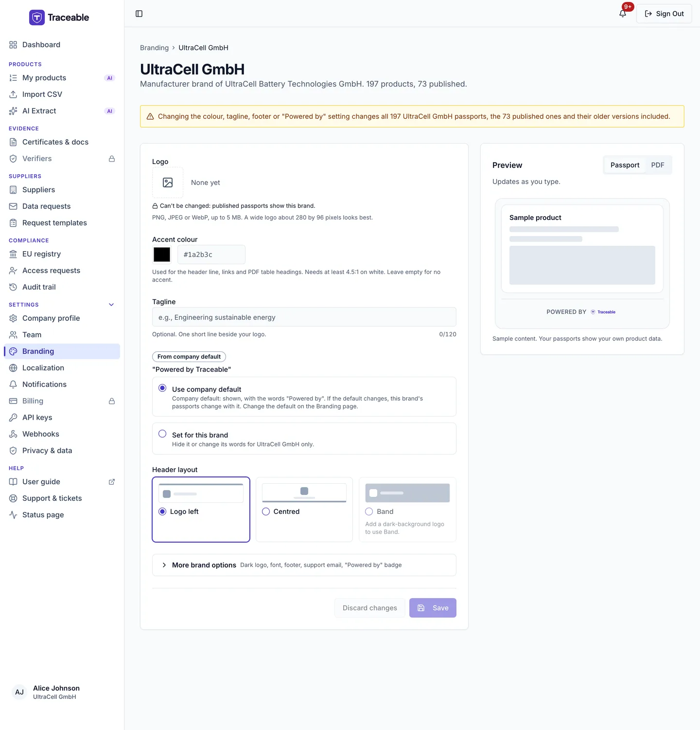 The brand editor for one brand, showing the logo, accent colour, tagline, "Powered by Traceable" choice, header layout, More brand options and a live preview of the passport.