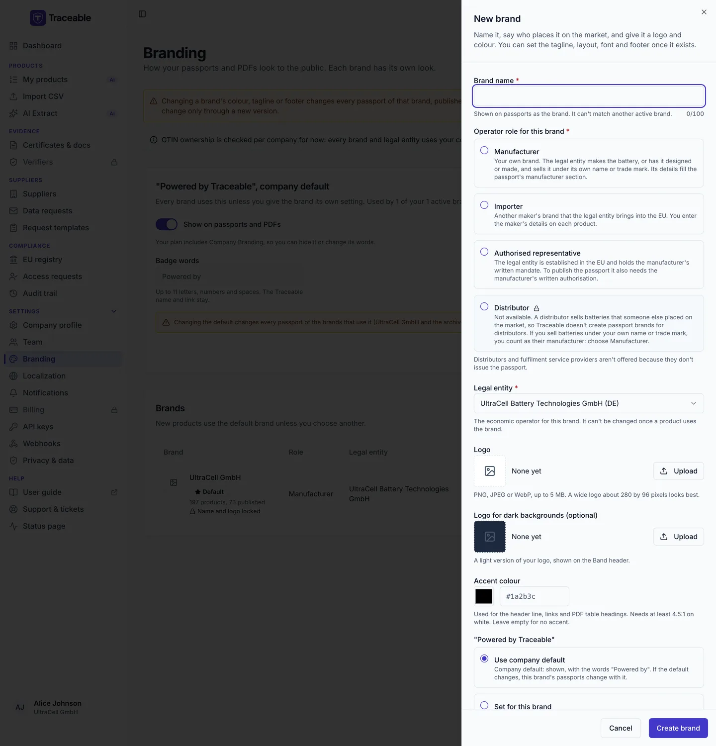 The New brand sheet, with the Brand name field, the four operator role choices (Distributor is locked), the Legal entity list and the Create brand button.