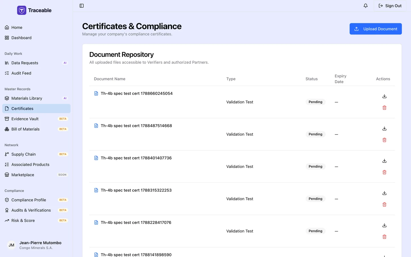 The supplier certificates screen, listing uploaded certificates with their type, validity dates and linked materials.