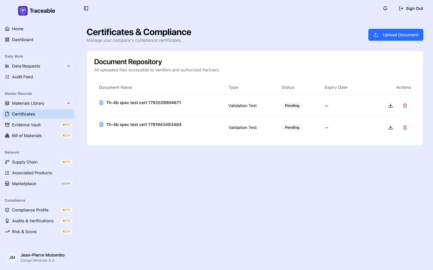 The supplier certificates screen, listing uploaded documents with their type, status and expiry date.