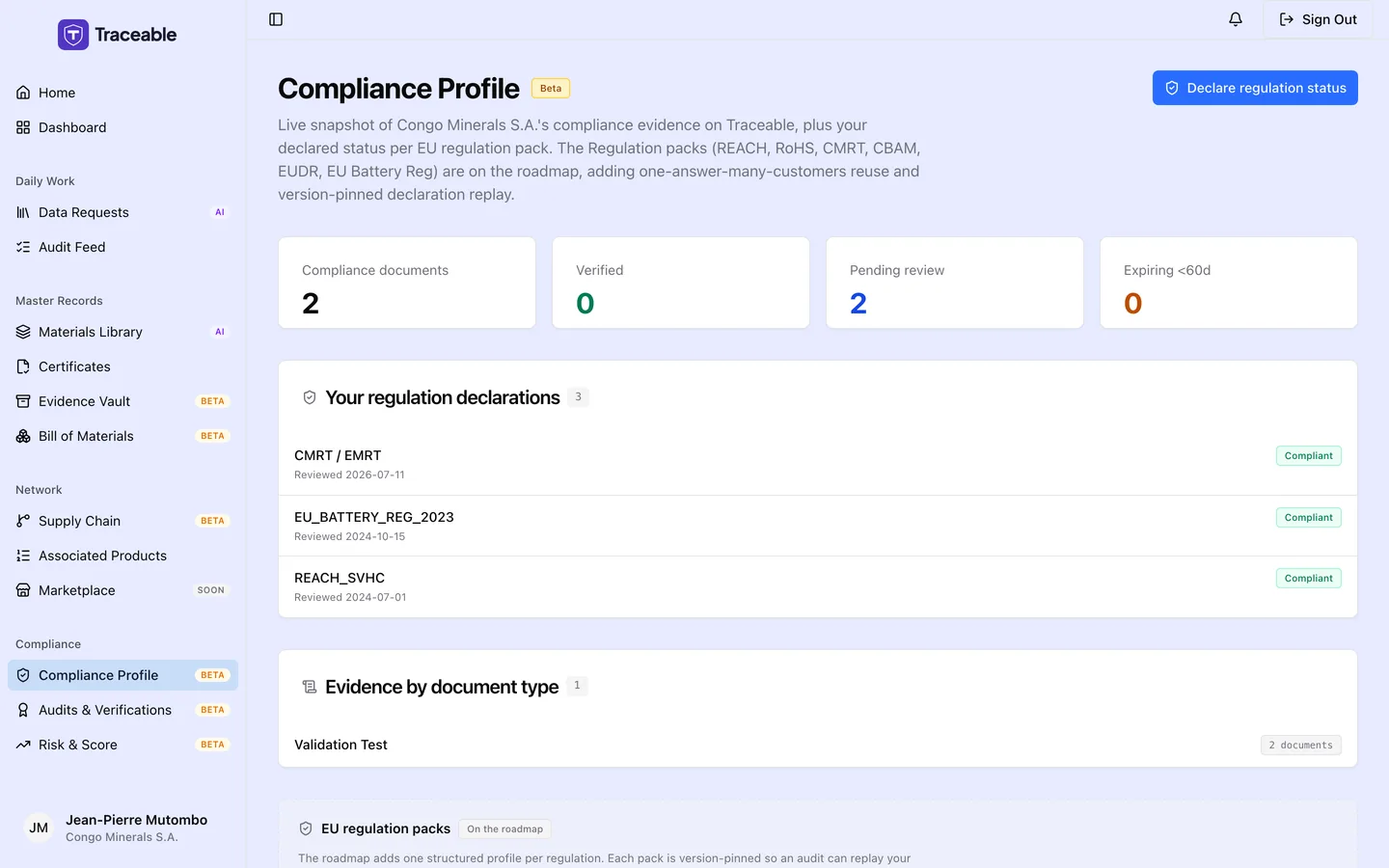 The compliance profile screen, summarising the supplier’s declared compliance posture.