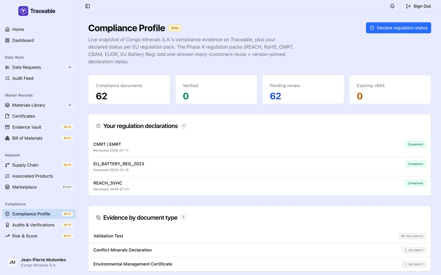 The compliance profile screen, summarising the supplier’s declared compliance posture.