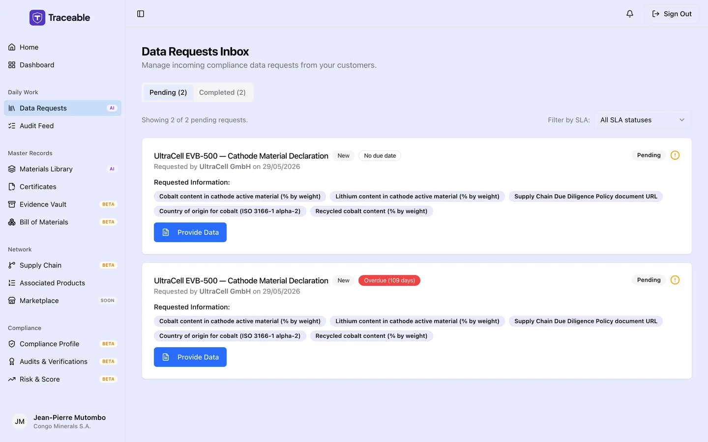 The supplier Data Requests inbox, with Pending and Completed tabs, listing each request with its product, requesting company, requested date, status and requested fields.