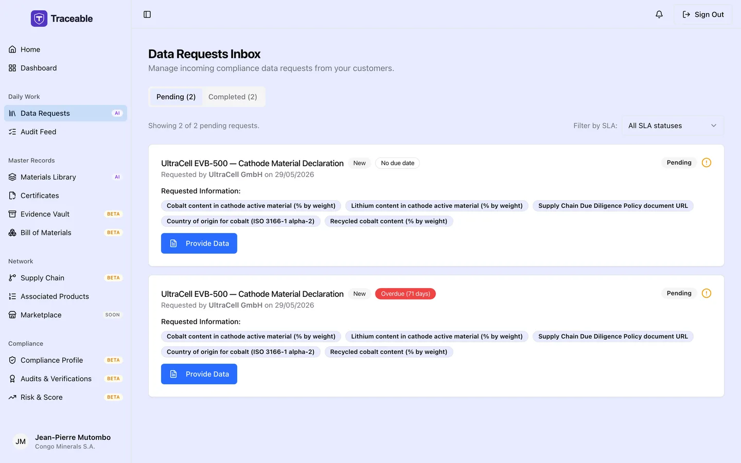 The supplier data requests list, showing each incoming request from an operator with its product, due date and status.