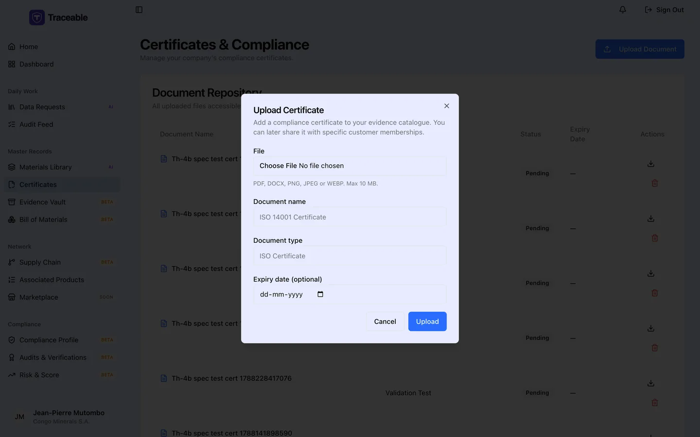 The Upload Certificate dialog, with a file chooser accepting PDF, DOCX, PNG, JPEG or WEBP up to 10 MB, plus Document name, Document type and an optional Expiry date, and Cancel and Upload buttons.