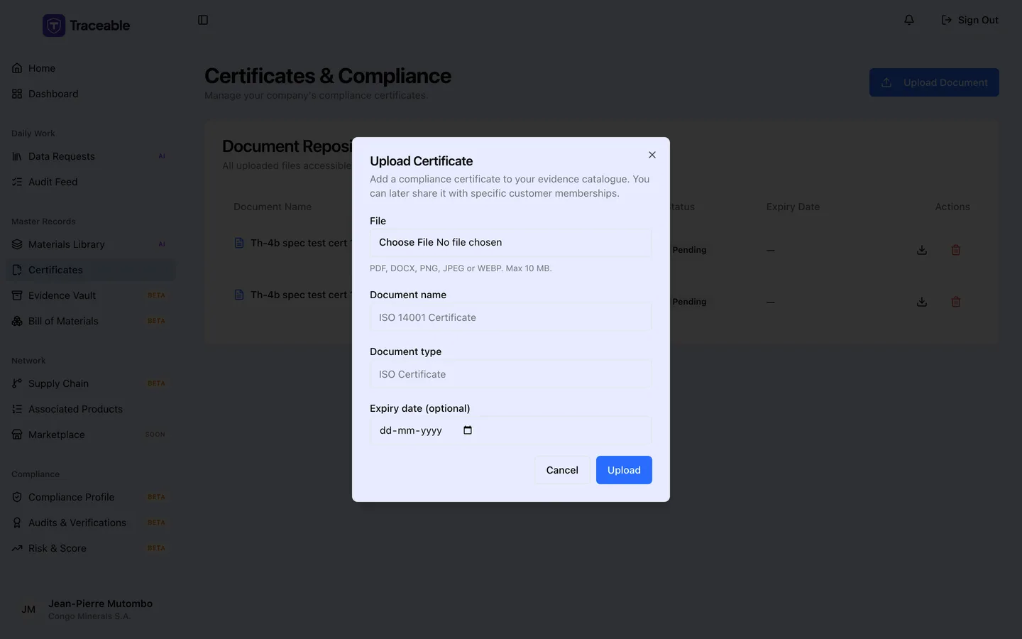 The Upload Certificate dialog, with a file chooser accepting PDF, DOCX, PNG, JPEG or WEBP up to 10 MB, plus Document name, Document type and an optional Expiry date, and Cancel and Upload buttons.