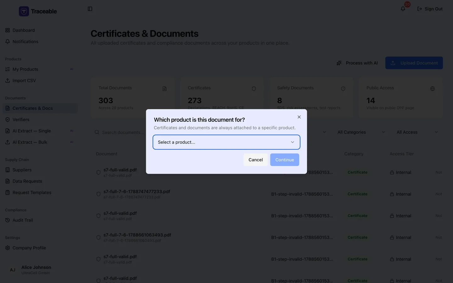 The Upload Document dialog on the Certificates and Documents screen, where a file is chosen and given a name and type before upload.