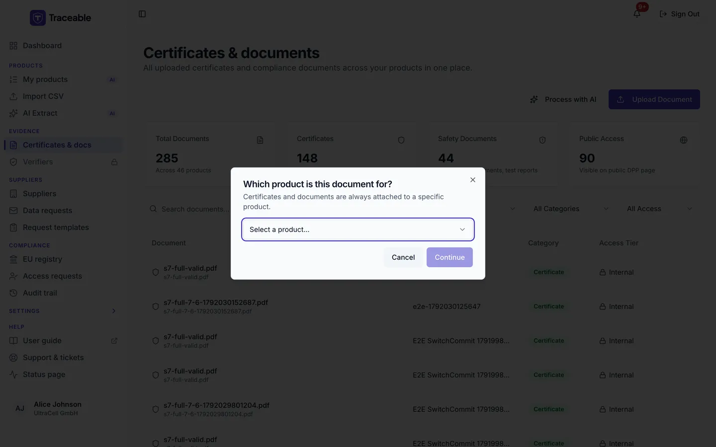The first step of Upload Document, the question 'Which product is this document for?' with a product dropdown and Cancel and Continue buttons.