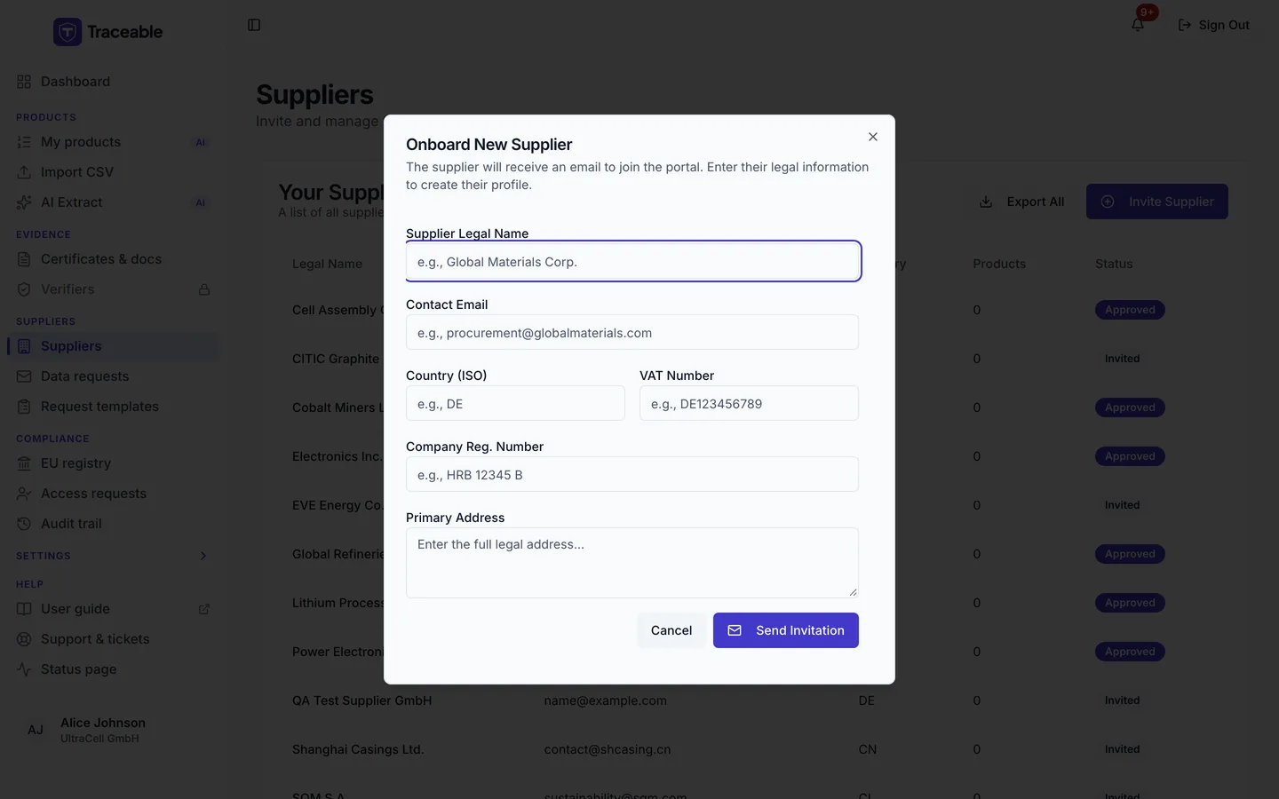 The Onboard New Supplier dialog, with fields for Supplier Legal Name, Contact Email, Country (ISO), VAT Number, Company Reg. Number and Primary Address, and Cancel and Send Invitation buttons.