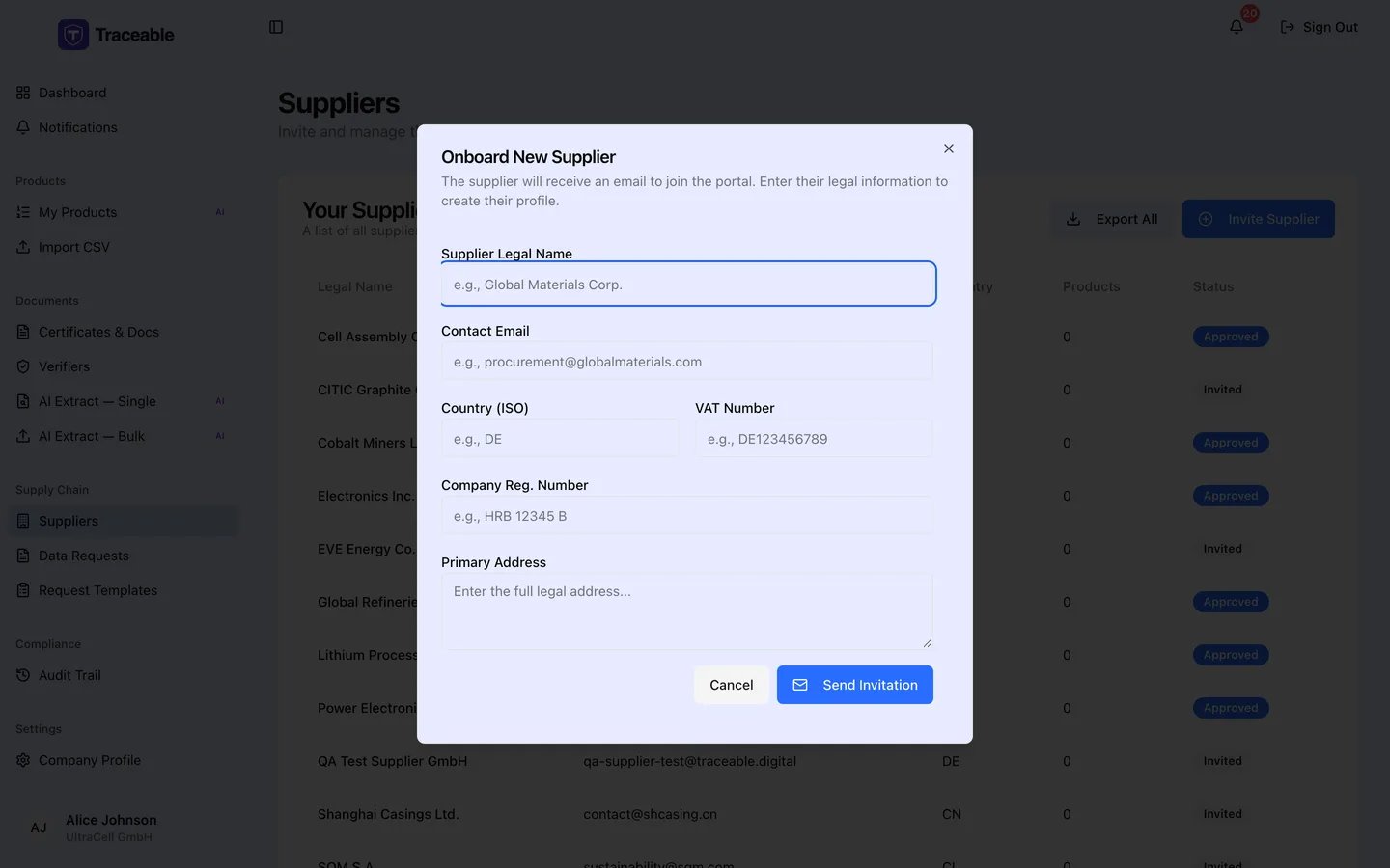 The Onboard New Supplier dialog, with fields for Supplier Legal Name, Contact Email, Country (ISO), VAT Number, Company Reg. Number and Primary Address, and Cancel and Send Invitation buttons.