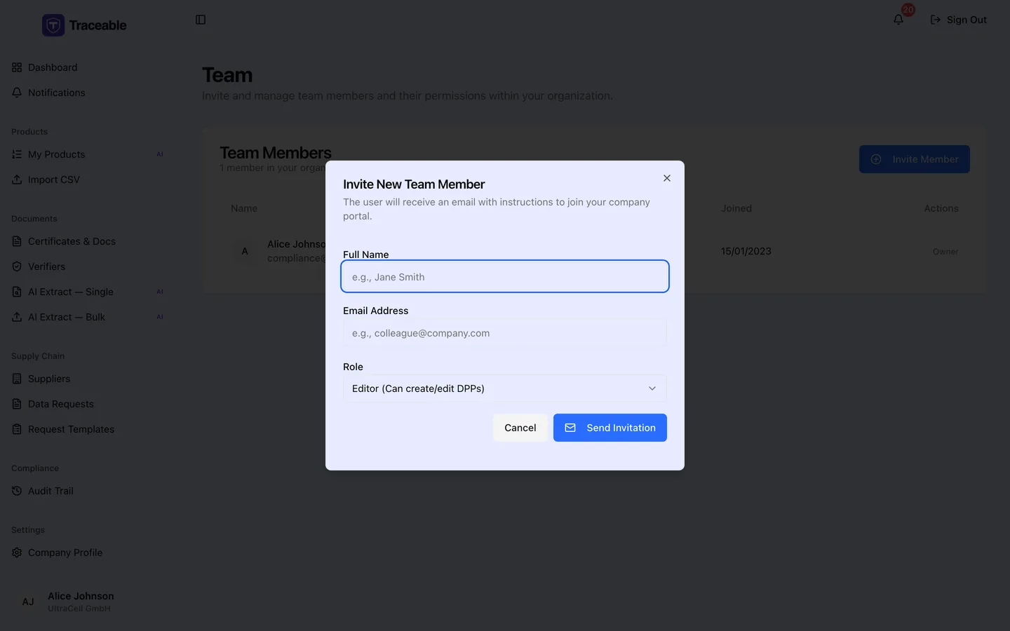 The Invite New Team Member dialog, with fields for Full Name, Email Address and a Role dropdown defaulting to Editor (Can create/edit DPPs), and Cancel and Send Invitation buttons.
