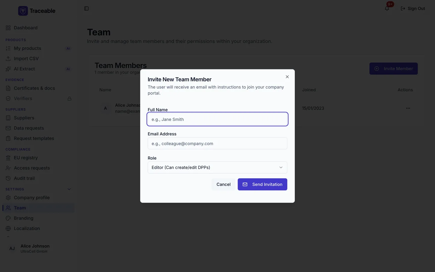 The Invite New Team Member dialog, with fields for Full Name, Email Address and a Role dropdown defaulting to Editor (Can create/edit DPPs), and Cancel and Send Invitation buttons.