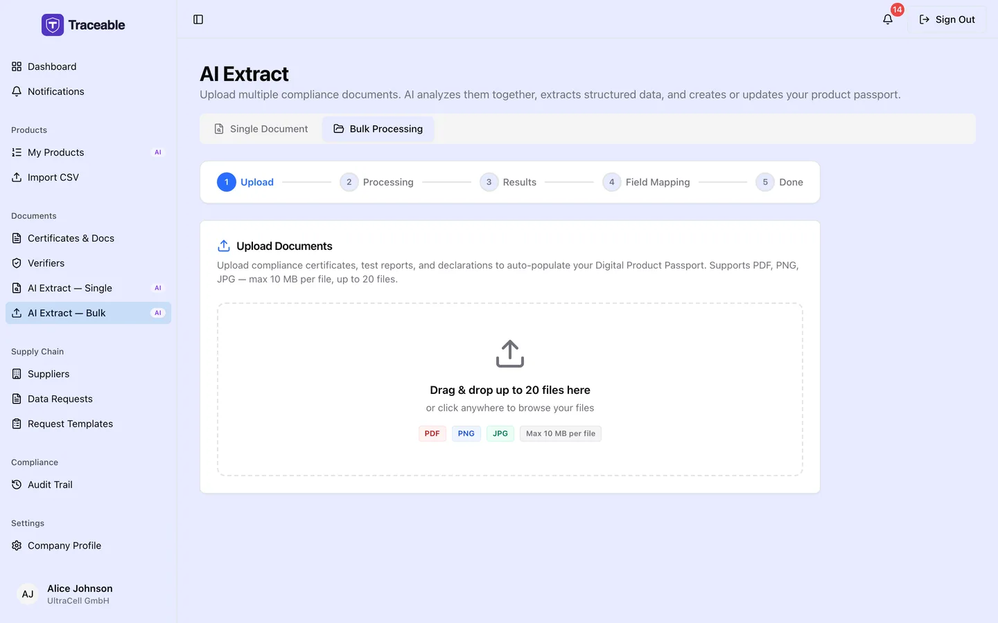 The bulk AI extraction screen, which processes a batch of uploaded documents and reports progress per document.