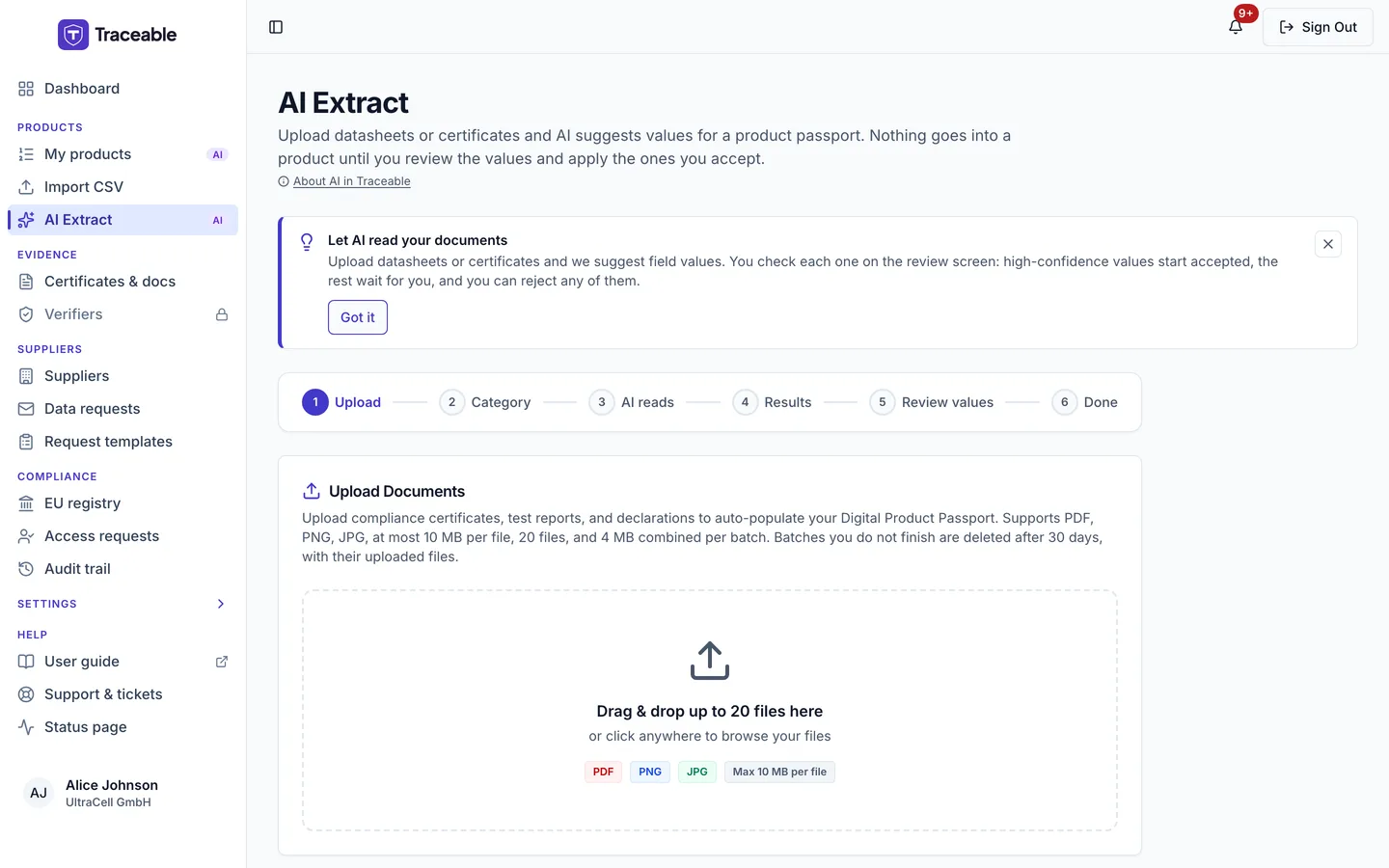 The AI Extract page, a guided sequence of Upload, Category, AI reads, Results, Review values and Done.