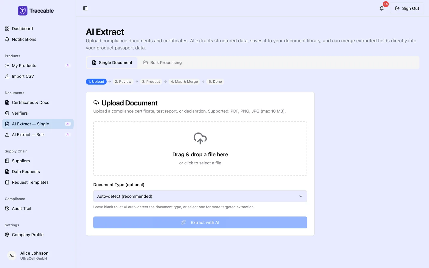 The single-document AI extraction screen, where one uploaded document is analysed and its extracted fields are proposed for review.