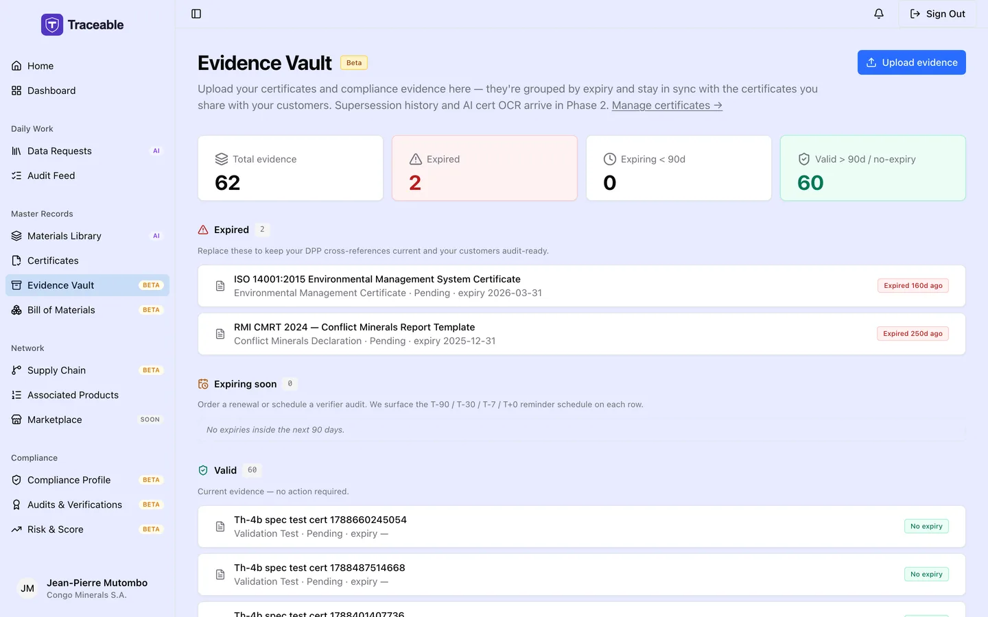 The evidence vault, where supporting documents are stored for reuse across data requests.