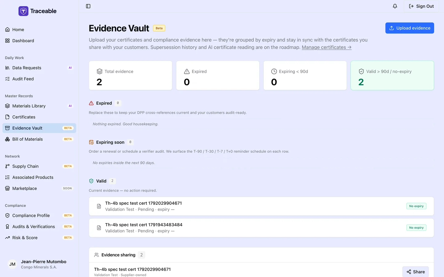 The evidence vault, showing documents grouped by expiry status.