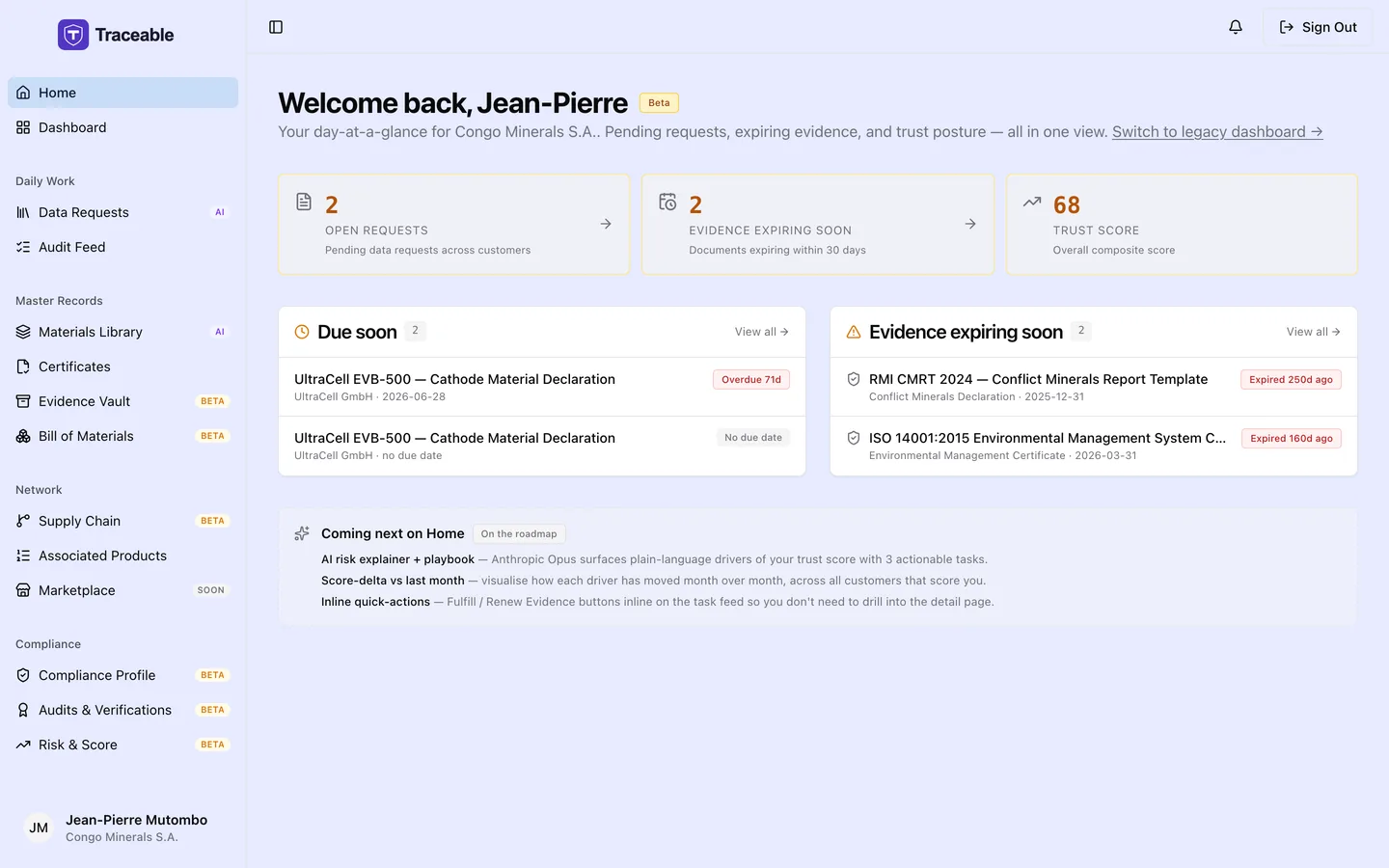 The supplier home screen, the starting point for a supplier signing in.