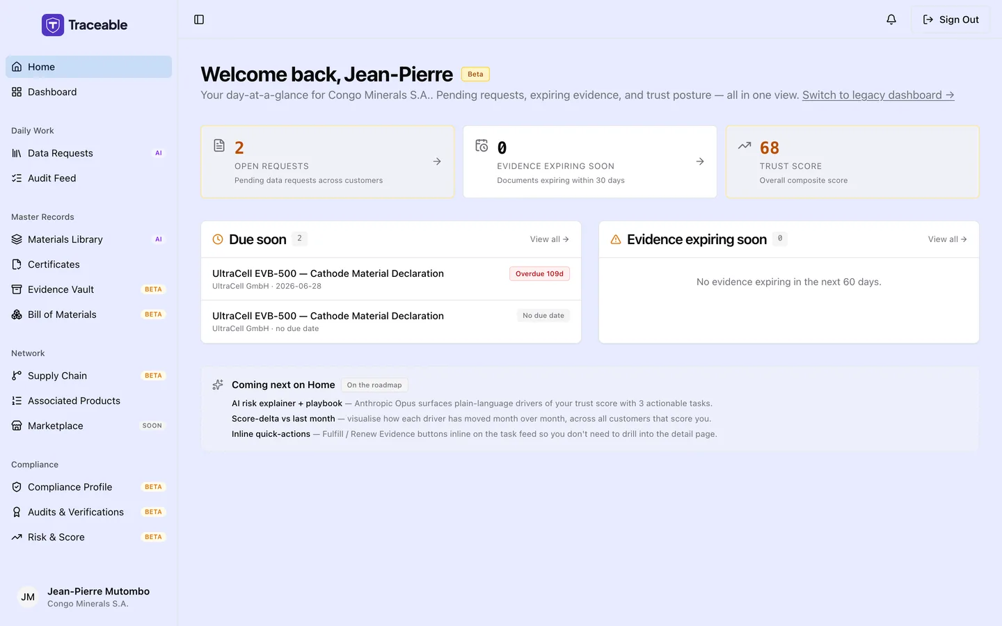 The supplier home screen, the task feed for a supplier.