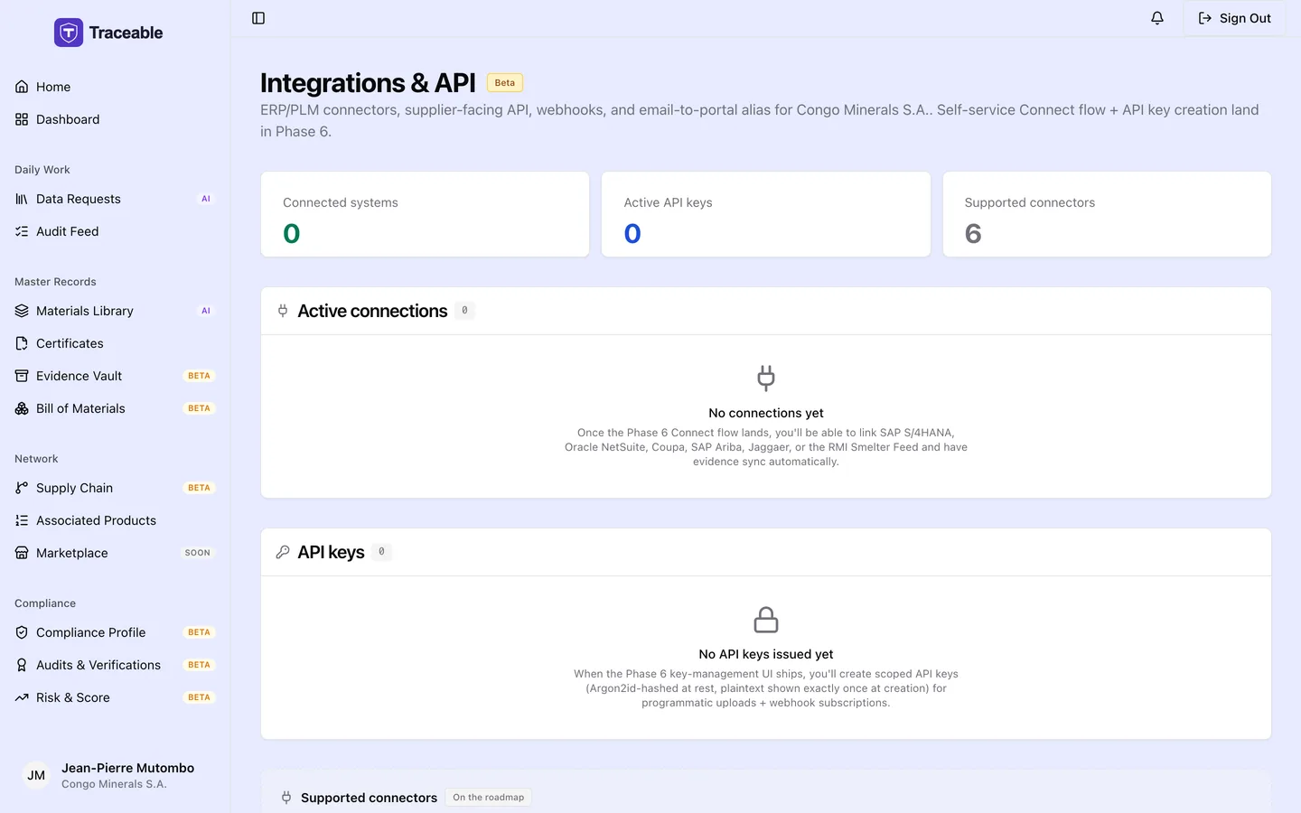 The integrations and API screen, where a supplier connects their own systems.