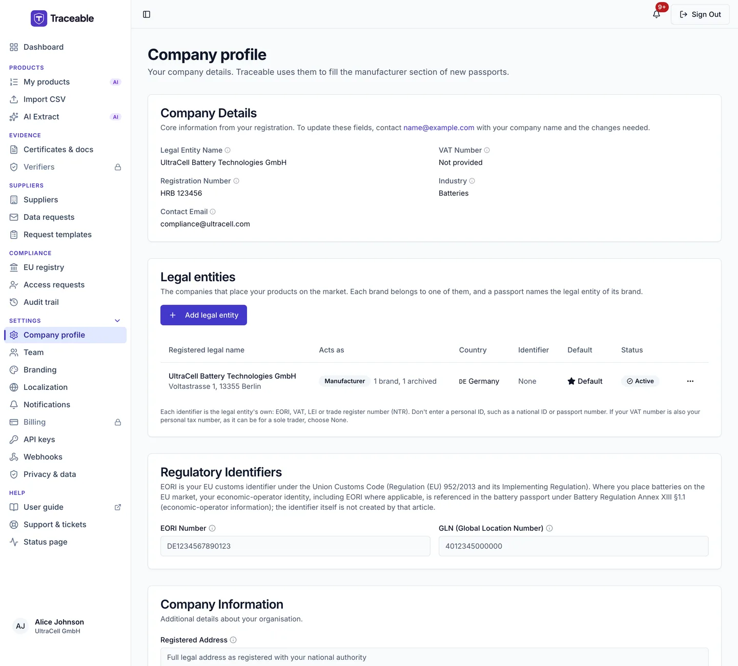 The Legal entities card on Company profile, listing a legal entity with its address, the roles it acts as, its country, identifier, default marker and status.