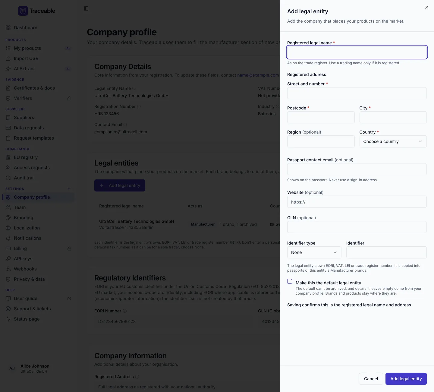 The Add legal entity sheet, with the registered legal name, address, passport contact email, website, GLN, identifier and the Make this the default legal entity checkbox.