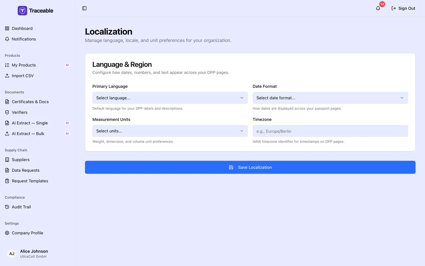 The localization screen, where date, number and language presentation are configured.