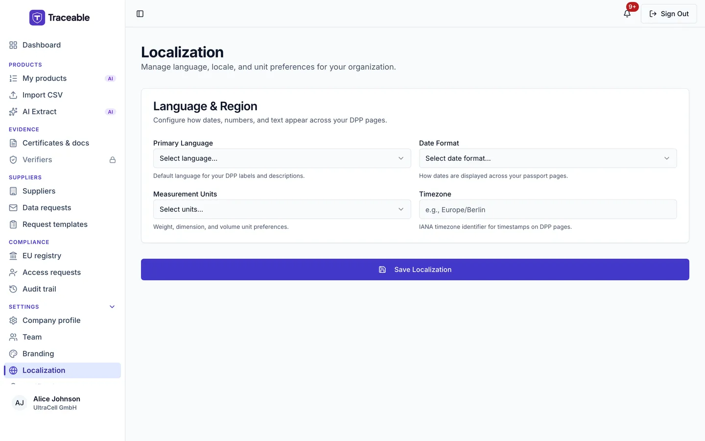 The localization screen, where language, date format, measurement units and timezone are configured.