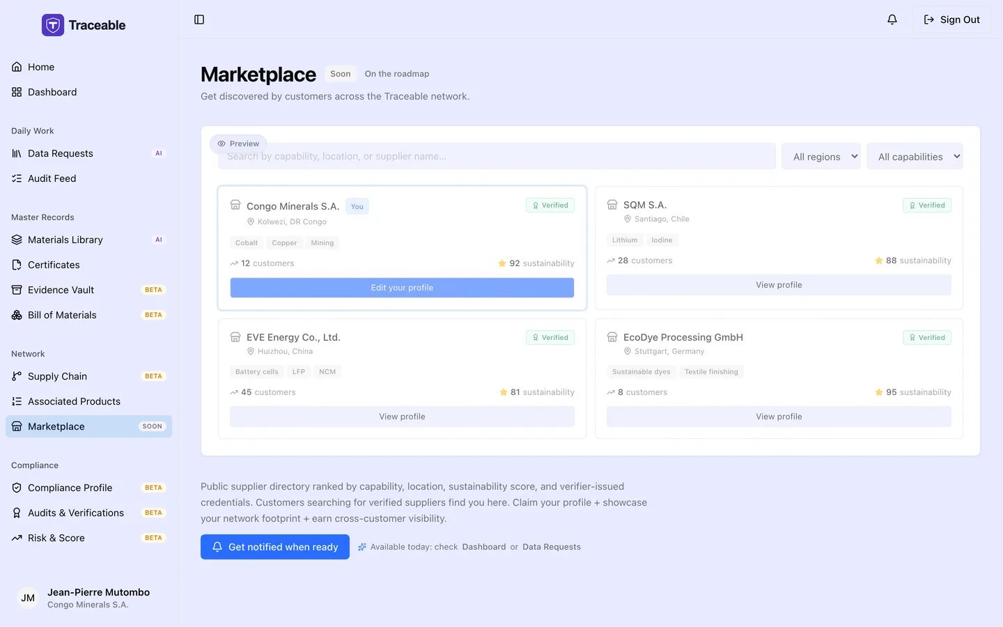 The Marketplace screen in the Supplier Portal, showing its coming-soon state.