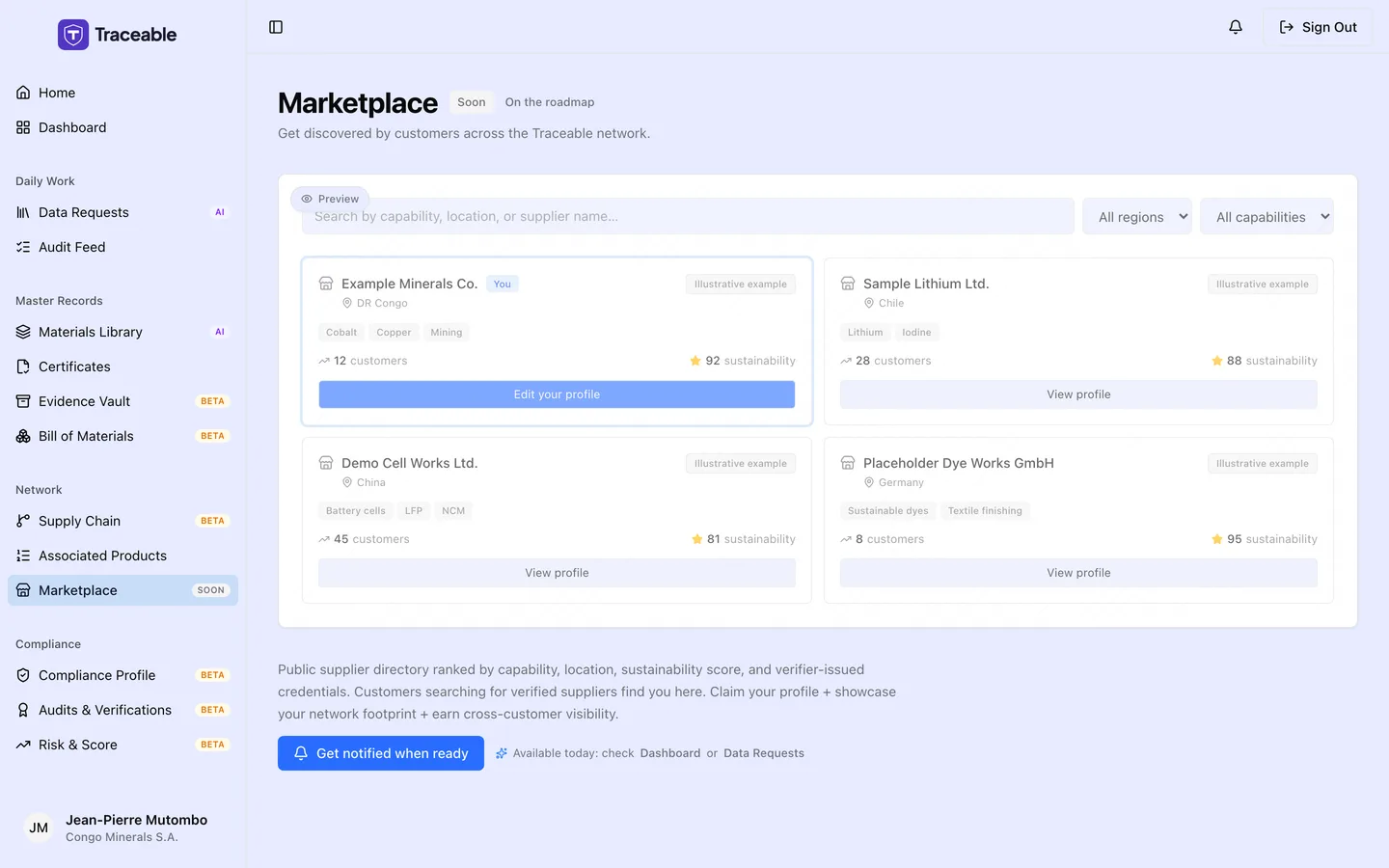 The Marketplace screen in the Supplier Portal, showing its coming-soon state.
