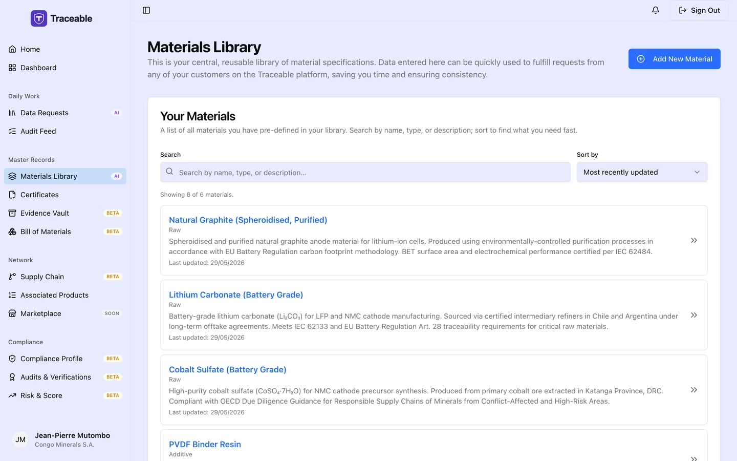The materials library, listing the supplier’s declared materials and their linked certificates.