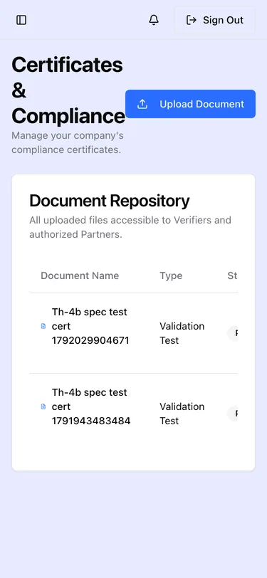 The Certificates &amp; Compliance page on a phone, showing the Upload Document button and a Document Repository table of document names and types; the Status and later columns scroll sideways.