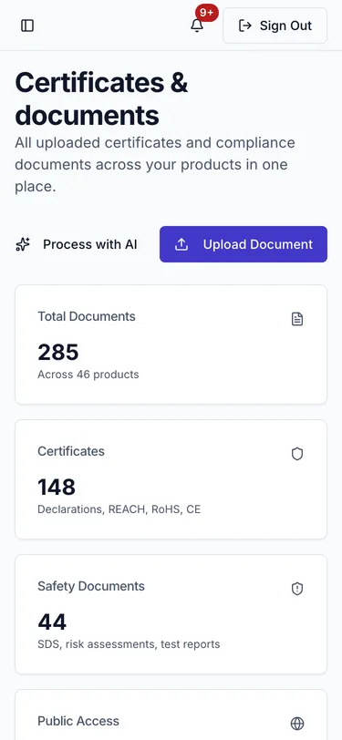 The Certificates &amp; documents page on a phone, showing the Process with AI and Upload Document buttons and the summary cards Total Documents, Certificates and Safety Documents.