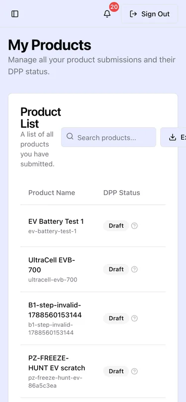 The My Products list on a phone, each product shown as a full-width row with its status and completeness.