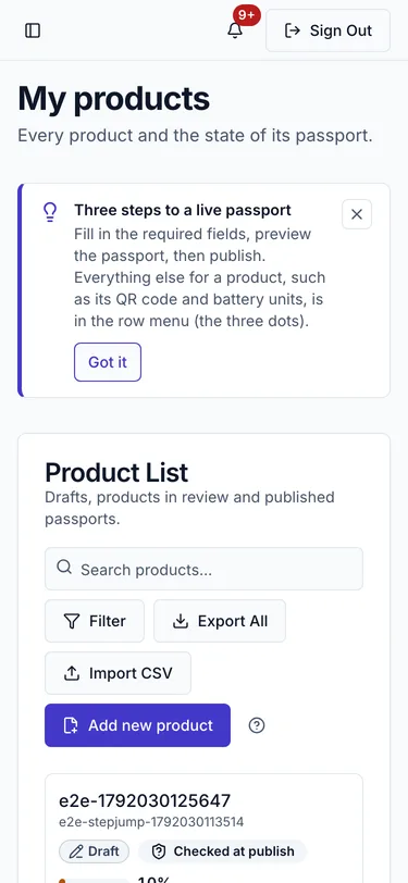 The My Products list on a phone, each product shown as a full-width row with its status and completeness.