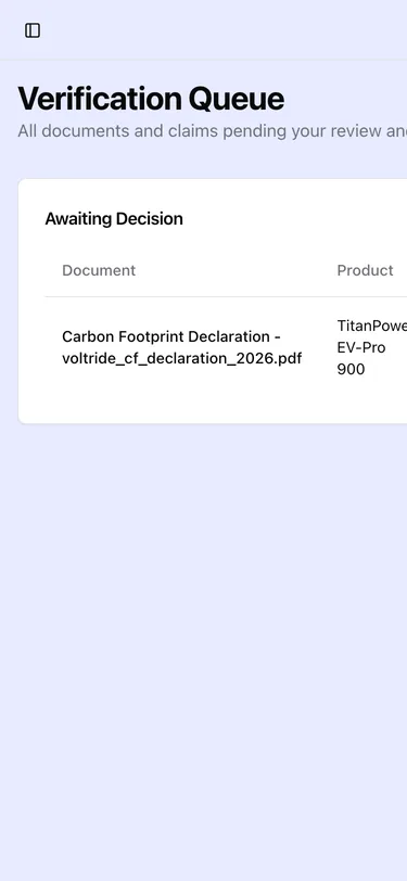 The Verification Queue on a phone, with the Awaiting Decision table showing the Document and Product columns; the other columns scroll sideways.