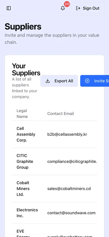The Suppliers list on a phone, showing each supplier's legal name, status and outstanding data requests.