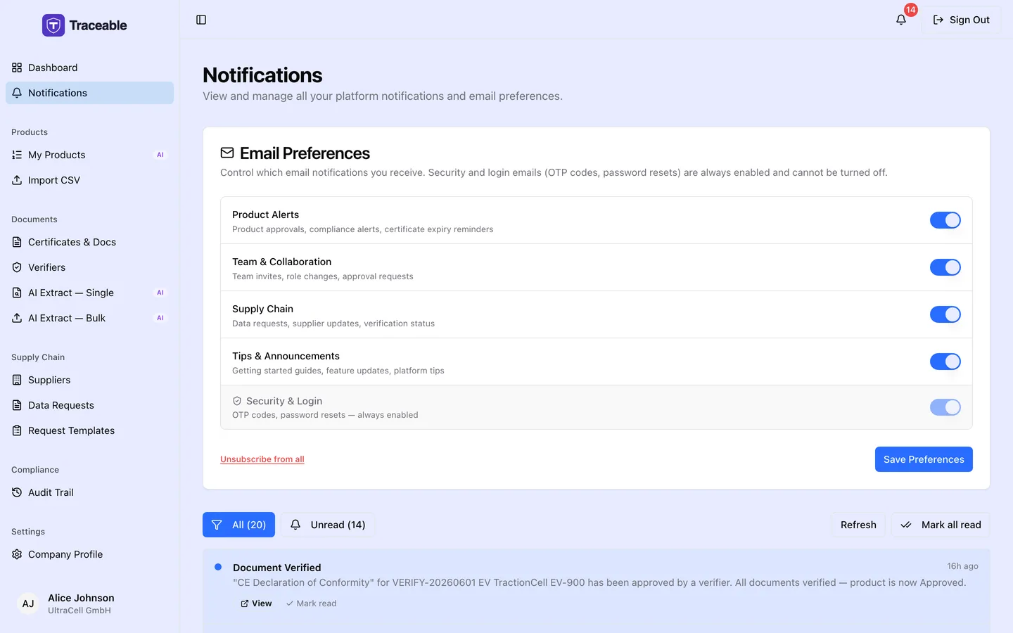 The notifications inbox, listing account events that need attention with the newest first.