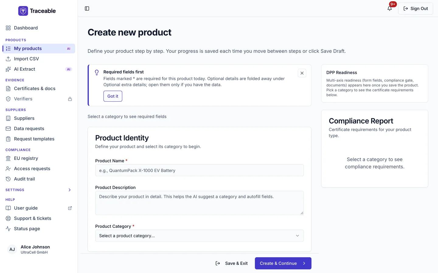 The first step of the product wizard, Product Identity, where you enter the product name and description and choose its category.