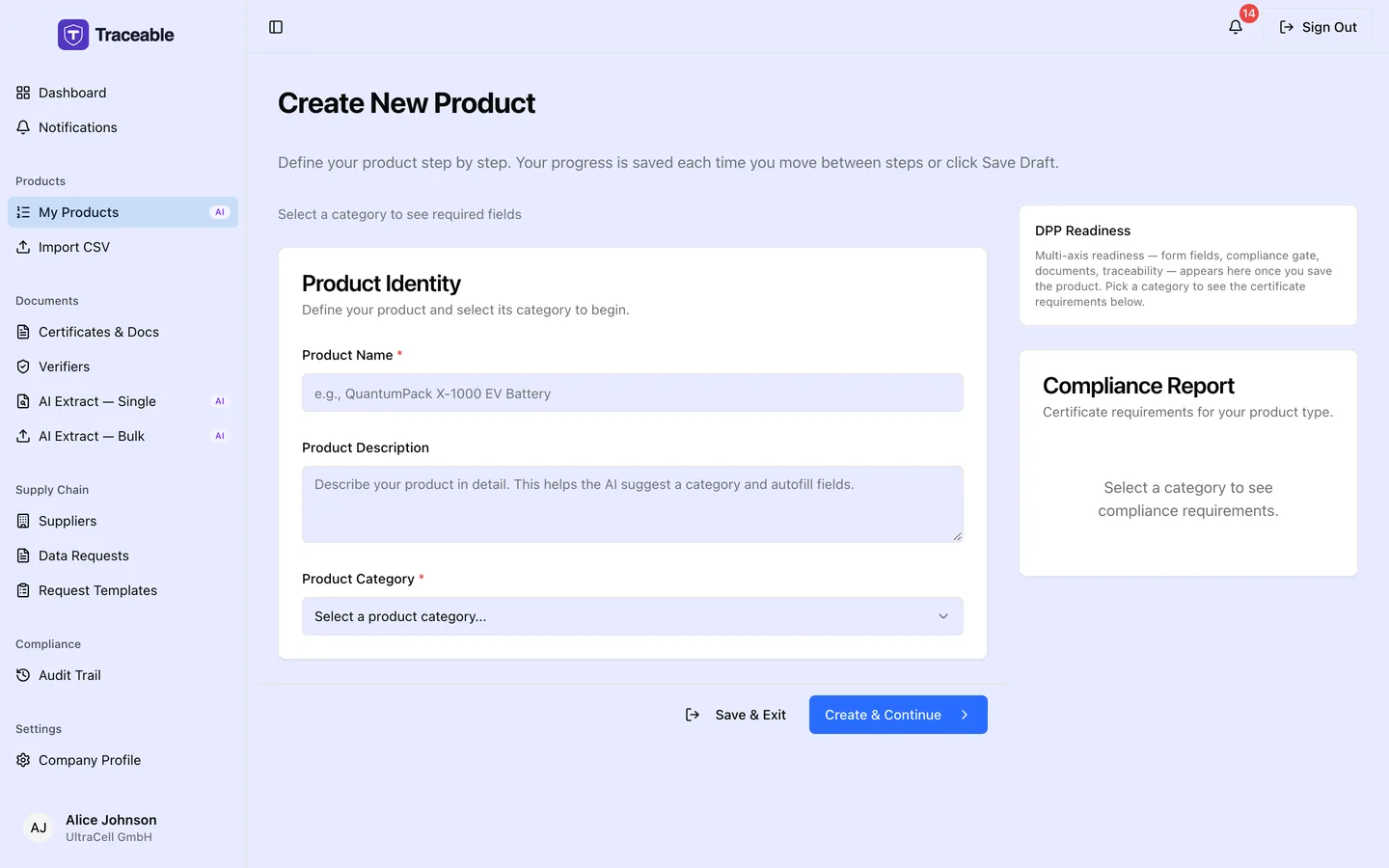 The create-product screen, where a new product is started by choosing its battery category.