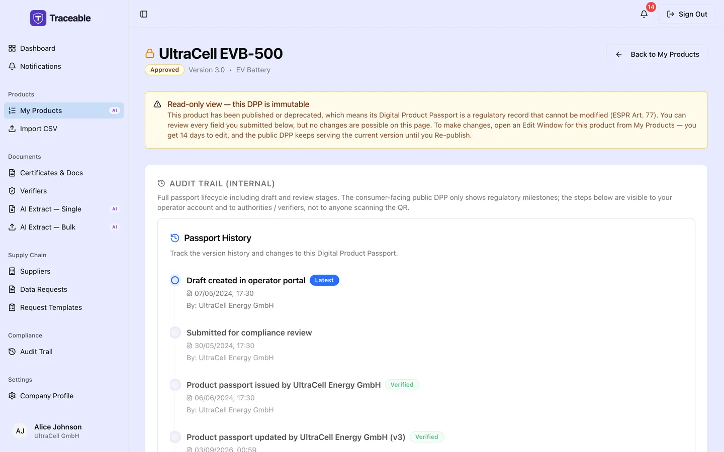 A published product opened from My Products, showing the read-only notice stating the DPP is an immutable regulatory record, the Approved status and version, and the internal passport history below.